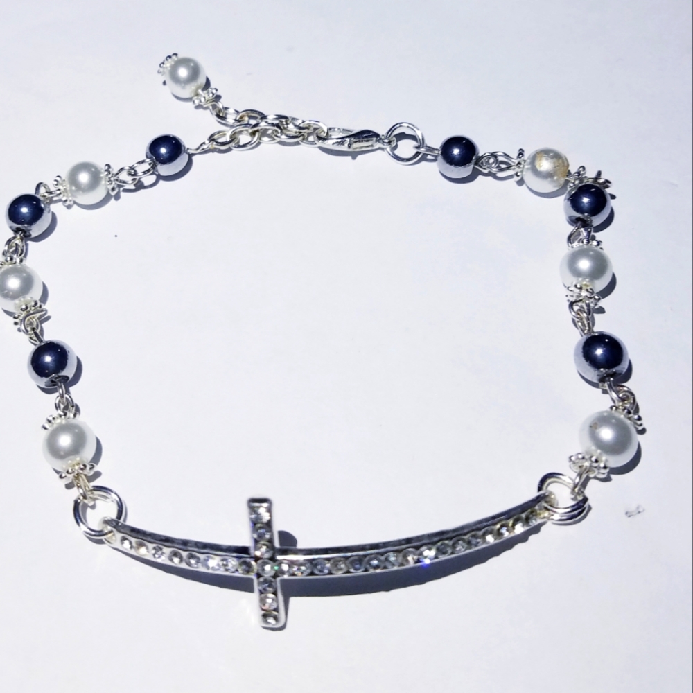 Adjustable Silver Sideways Crystal Cross w/ Faux Pearls Anklet or Bracelet